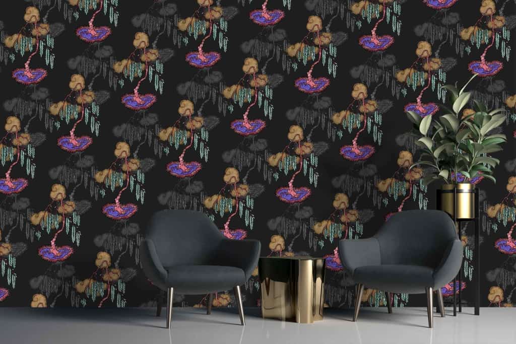 Modern living space wallpaper features dark floral patterns with rich colors. It showcases deep burgundy roses, lush green foliage, and hints of gold accents. The intricate design also includes delicate white blossoms intertwined with midnight blue leaves, all set against a charcoal black background.