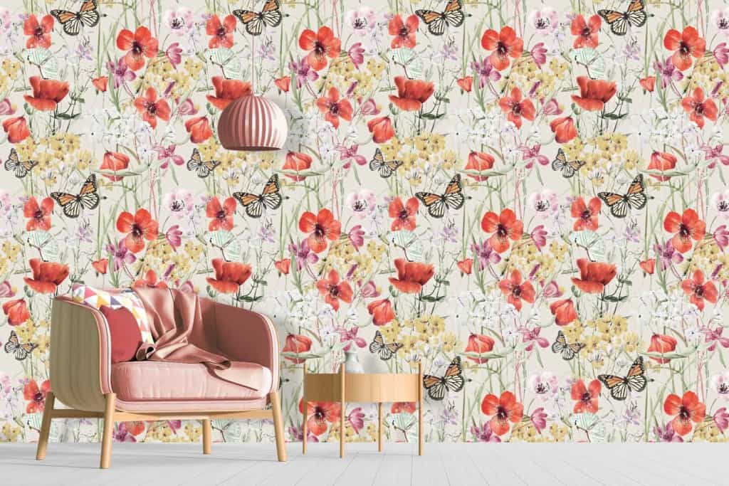Colorful floral wallpaper featuring red poppies, yellow daffodils, and butterflies reminiscent of Japanese files.