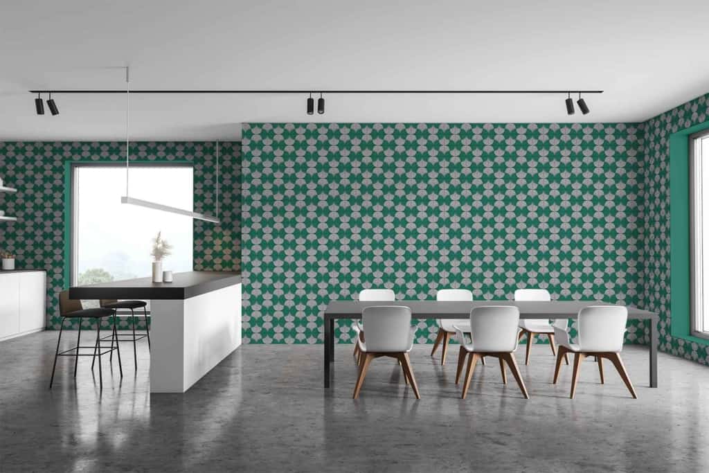The modern dining area features eye-catching green and white diamond-patterned wallpaper. The geometric design draws attention with its alternating green and white diamonds, creating a bold visual statement. The pattern's symmetry and vibrant colors are distinctive elements that stand out, making it easily searchable by its characteristic green and white color scheme.