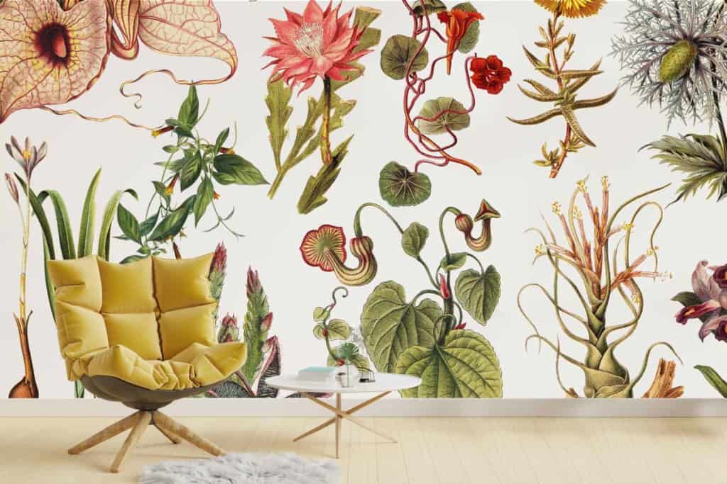 Vibrant wall mural with detailed botanical illustrations, featuring flowers and plants. Colors include various shades of green, pink, yellow, white, and blue. Artistic and lively atmosphere ideal for daytime activities.