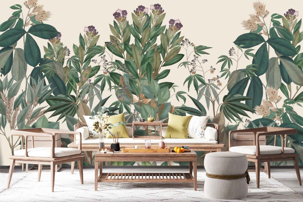 The wallpaper features a large, detailed botanical mural with elements including various green plants and Brazilian leaves. The colors prominently include multiple shades of green.