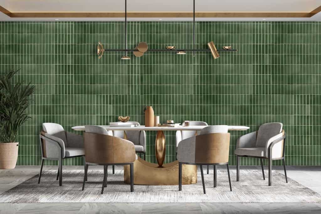 The wallpaper in the modern dining room features a green color with vertical tiles.