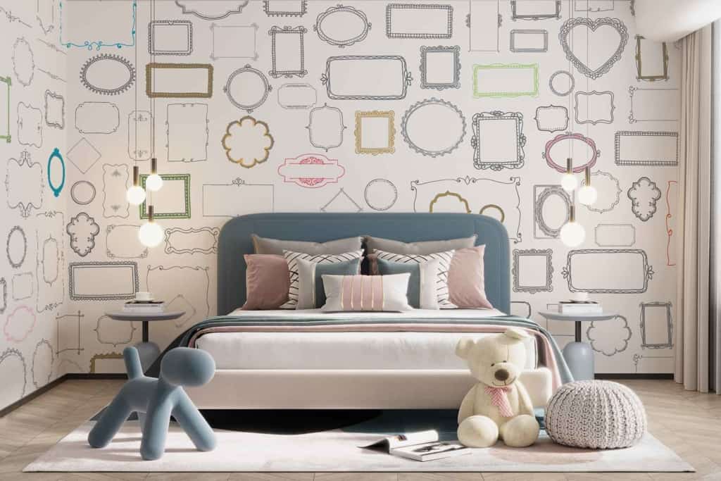 The wallpaper is a soft pastel blue with delicate white floral patterns and hints of pink.