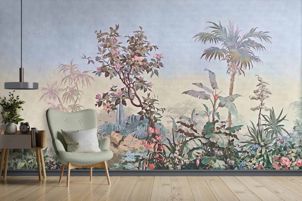 The wallpaper depicts a lush tropical garden scene reminiscent of Venice, Italy. It features vibrant plants, flowers, and palm trees. Key colors include various shades of green from the foliage, bursts of bright floral hues like red, pink, and yellow for the flowers, and textured brown tones for tree trunks and branches. The overall effect is a rich tapestry of natural elements with intricate details evoking a serene outdoor paradise.