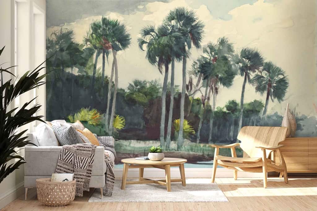 The wallpaper features a large painting of tropical palm trees. It highlights lush green foliage against a background that complements the room's overall style. The prominent elements are the palm tree leaves and trunks, rendered in varied shades of green and brown, contributing to a lively, natural ambiance.