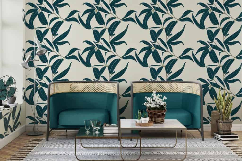 The wallpaper features a bold green botanical pattern with underwater theme elements. It includes shades of teal, emerald, and seaweed greens intertwined with aquatic flora motifs.