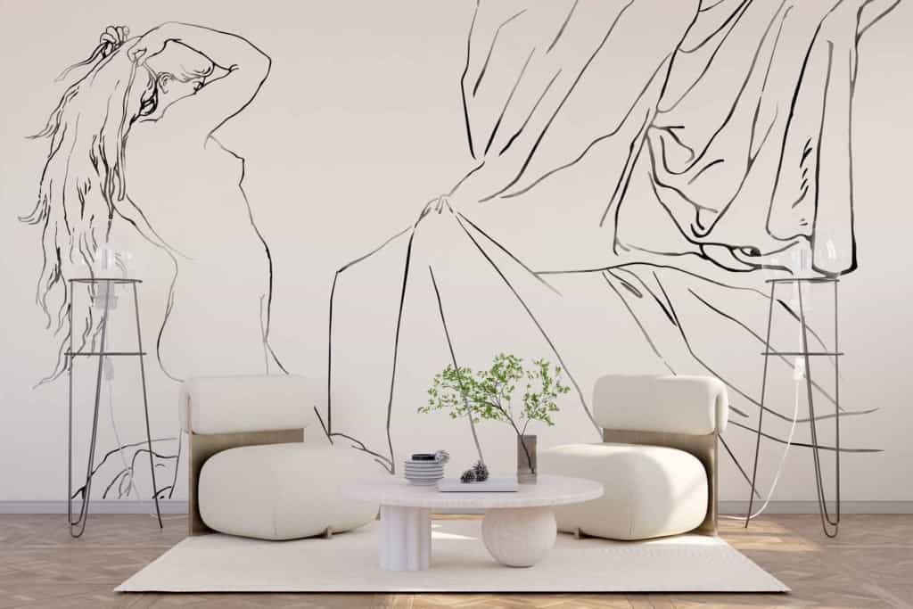 Minimalist living room wallpaper featuring elegant, large line art with abstract human figures in the process of undress and draped fabric. Dominant colors include soft beige, muted gray, and subtle black lines.