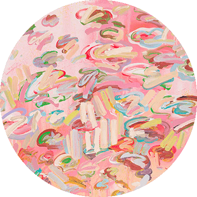 A vibrant circular abstract wallpaper by CS & Co featuring pink, peach, cream tones with hints of blue and green. Swirling and brushstroke patterns create a dynamic visual effect.