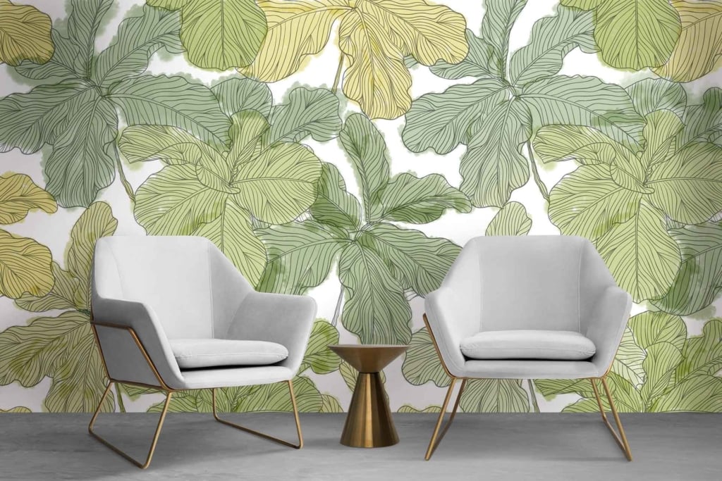 The wallpaper is decorated with an elegant green and yellow palm leaf pattern, perfect for a tropical-inspired design. The lush leaf motifs bring a touch of nature indoors, creating a vibrant, refreshing backdrop for any modern space.