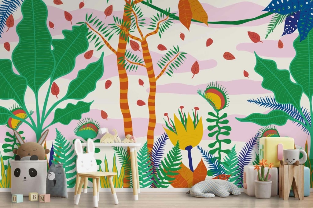 The wallpaper is a vibrant jungle-themed mural featuring large leaves, trees, and exotic plants. It showcases an array of colors including lush greens, earthy browns, and pops of bright hues like tropical oranges and yellows. The playful design evokes memories of childhood settings with its intricate details and lively atmosphere.