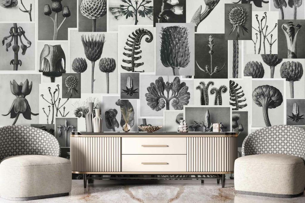 The wallpaper behind the cabinet features a collage of black-and-white botanical illustrations inspired by the historical drama series Outlander.