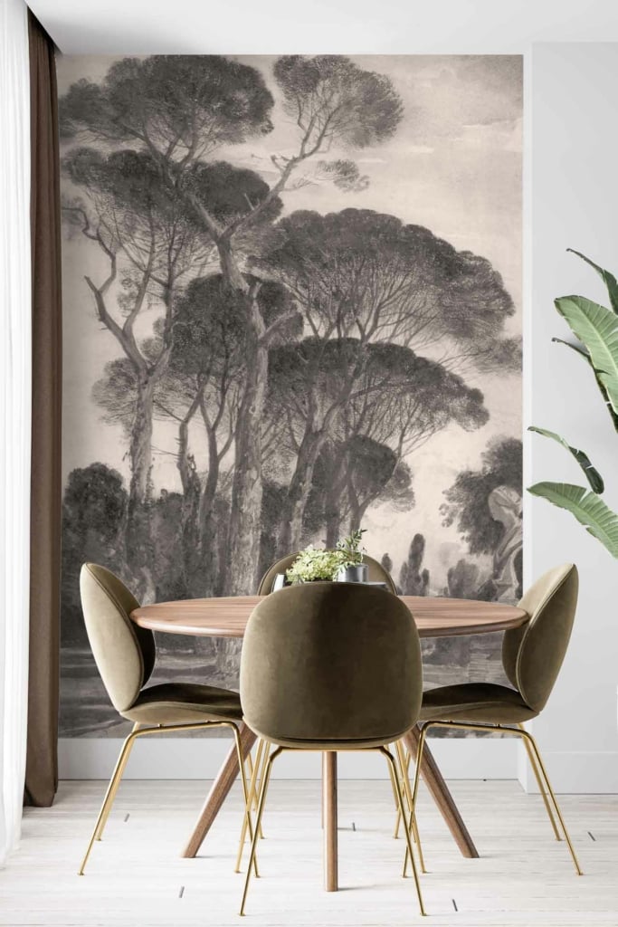 Black-and-white mural, tall trees, serene feel, rustling leaves.