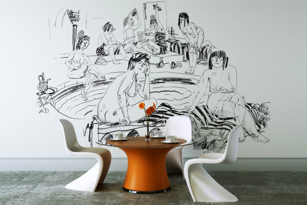 Artistic black-and-white mural, "The Bathers 1," multiple people relaxing, engaging near a circular pool, sleek design.