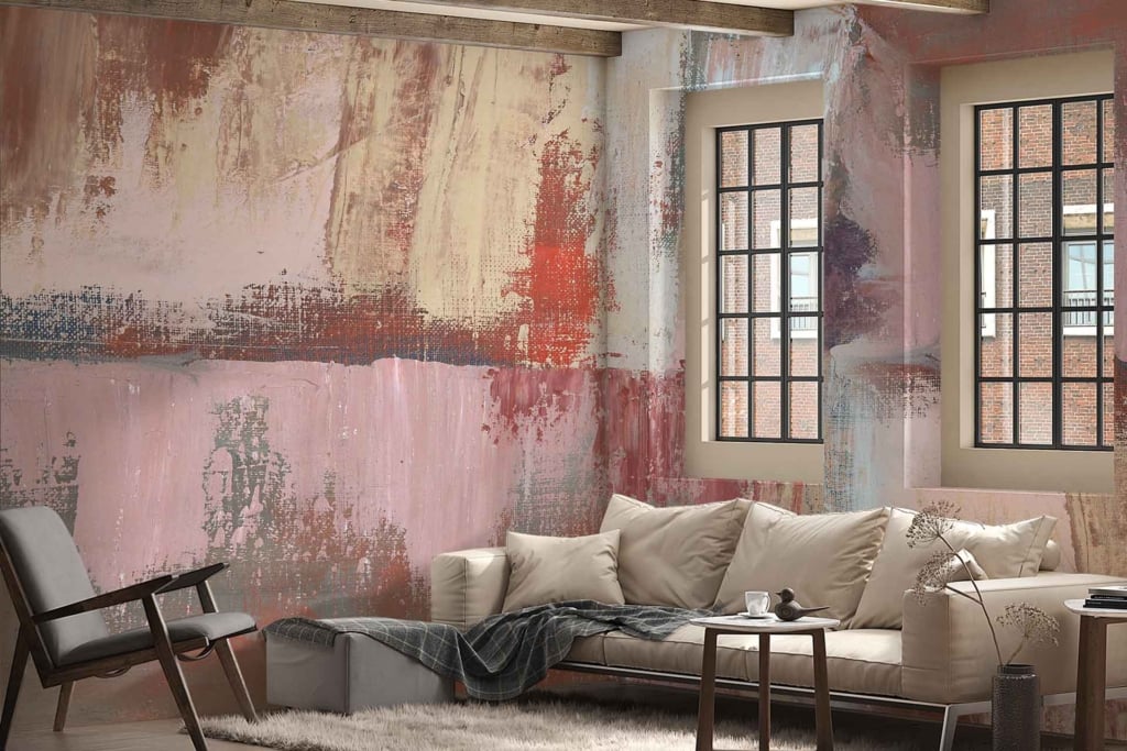 Abstract textured wallpaper with pink, red, and beige hues.