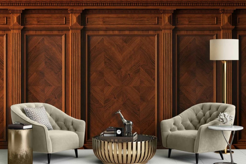The wallpaper features rich, deep hues of mahogany and walnut wood paneling, with intricate patterns that exude sophistication. Intertwined in the design are subtle golden accents, giving a plush look against the wooden backdrop. The texture is smooth yet tactile, enhancing the elegant ambiance of the room.