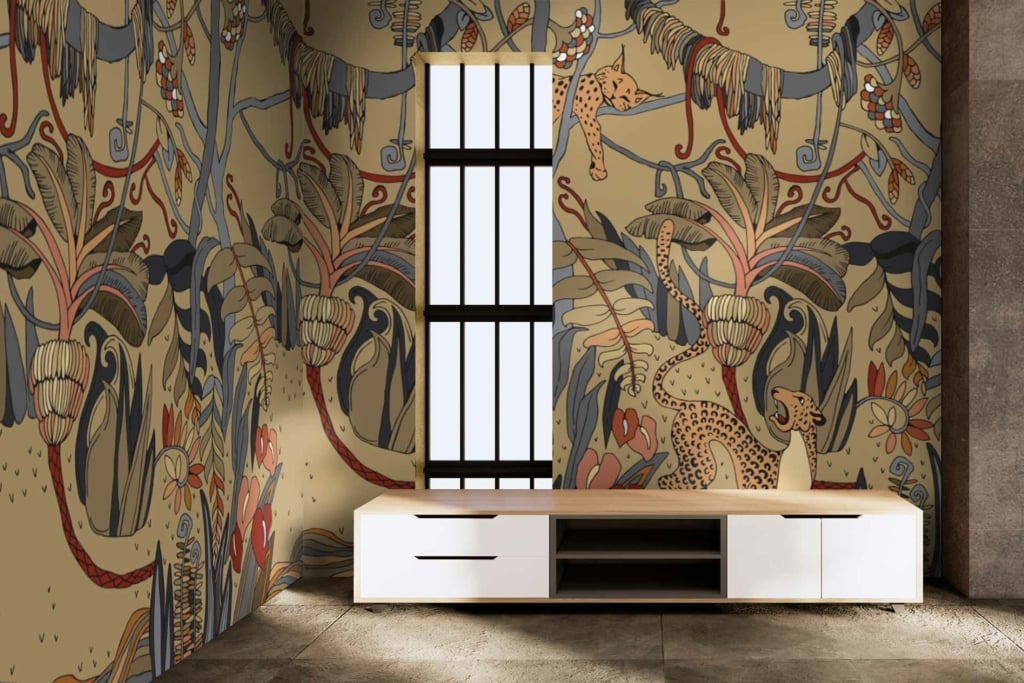 The vibrant, whimsical wallpaper in the room features stylized jungle scenes with animals and plants. The colors prominently include earthy browns, blues, and reds.