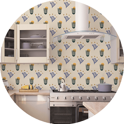 A modern kitchen features a floral-patterned wallpaper with blue and yellow flowers.