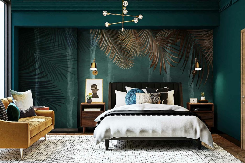 Wallpaper: Dark green with large palm leaf patterns. Features shades of green and touches of light and dark greens to add depth. The palm leaves are intricately detailed, creating a lush, tropical feel against the striking dark green backdrop.