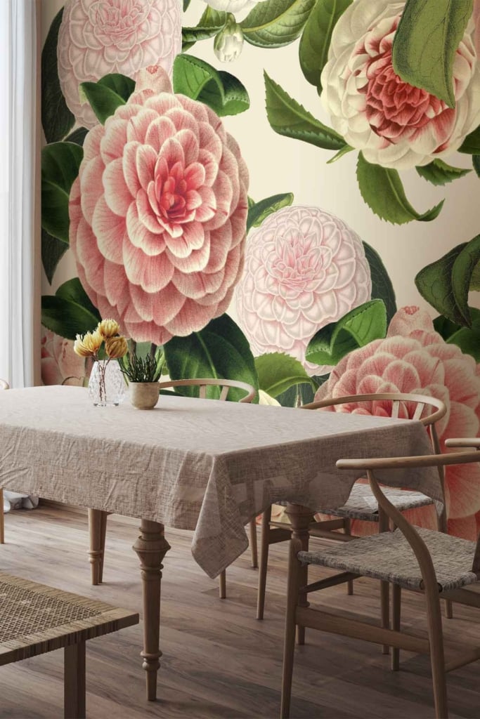 The wallpaper features large, detailed Camellia flowers in pink and white with lush green leaves.