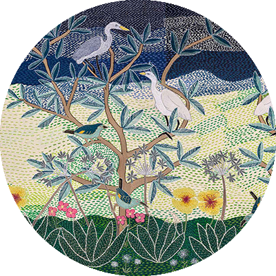 The wallpaper features a detailed circular illustration depicting three large birds perched on tree branches and a small bird below. The background is adorned with lush green foliage, vibrant colorful flowers in shades of red, blue, and yellow, and abstract patterns resembling a night sky with deep blues and purples. This natural scene beautifully tells the story of home through its intricate and vivid design elements.