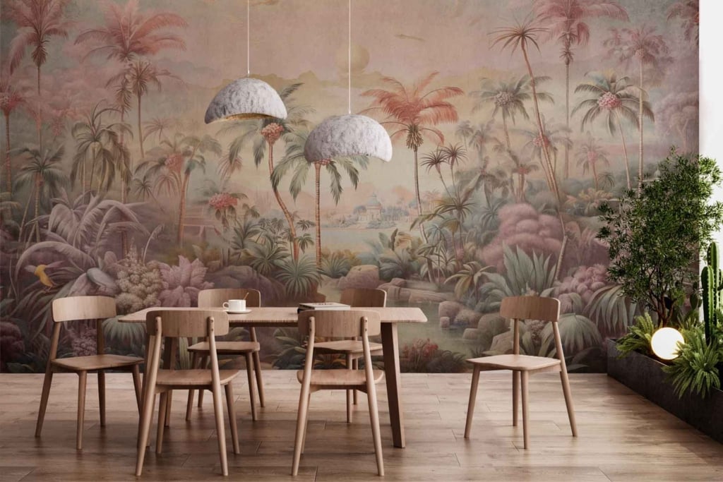 The wallpaper features a lush, tropical-themed mural with vibrant foliage and towering palm trees. Key elements include vivid green leaves, deep jungle greens, hints of bright flowers in shades of red, yellow, and purple, creating a dreamy atmosphere.