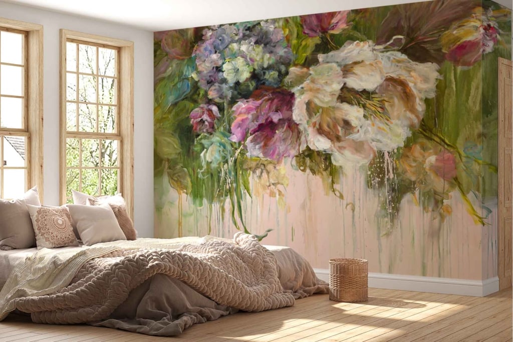 Colorful wall mural featuring abstract flowers in pink, purple, white, and green.