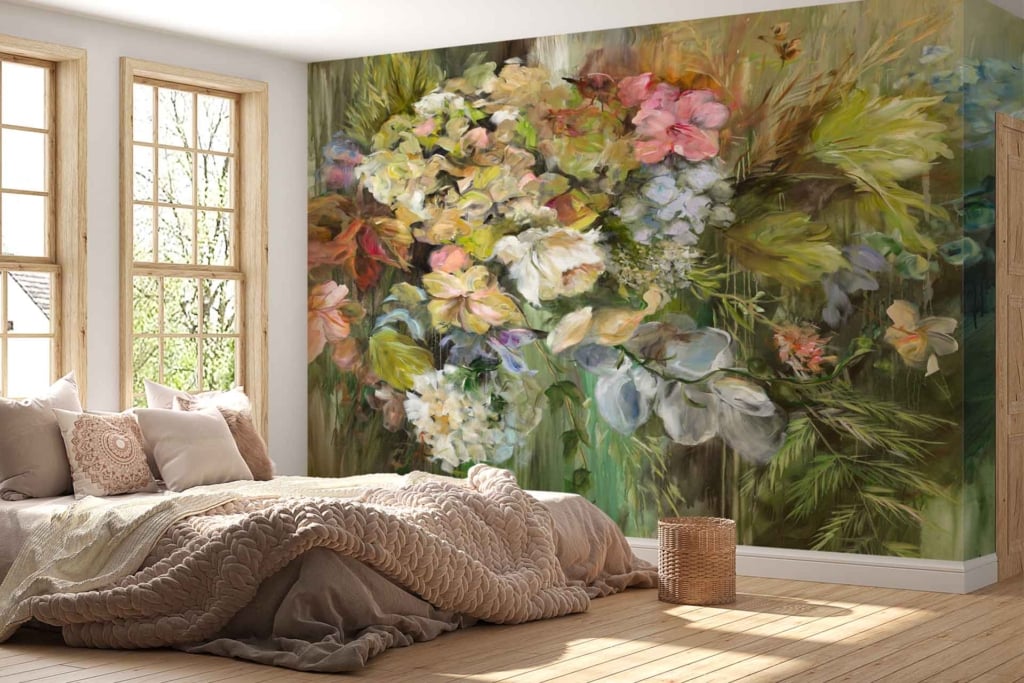 Vibrant floral wall mural: bold, colorful flowers, vivid reds, deep blues, lush greens, bright yellows. Detailed petals and leaves create an intricate pattern. This lively mural enhances any space with its dynamic and cheerful design.