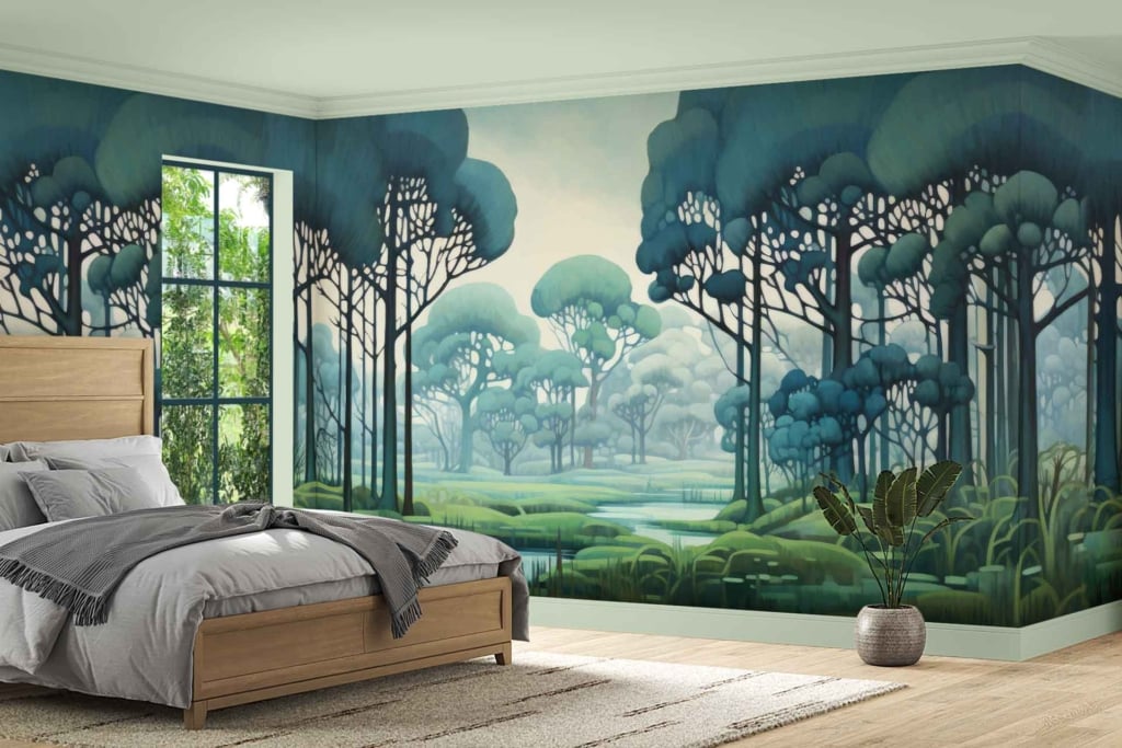 A serene bedroom features a mural with a dreamy forest landscape. The wallpaper showcases tall trees in shades of green and brown, blending into a misty ambiance with hues of gray and white. This tranquil design is decorated with natural elements to exude calmness and natural beauty.