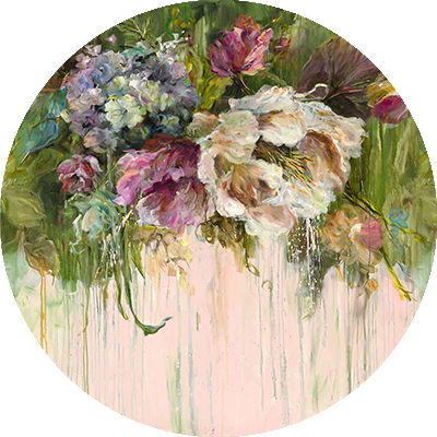 Abstract floral bouquet wallpaper by CS Co: vibrant, circular design featuring roses and peonies in pastel tones. Flowers appear to drip and blend into a light green and pink background, creating a whimsical, dream-like effect.