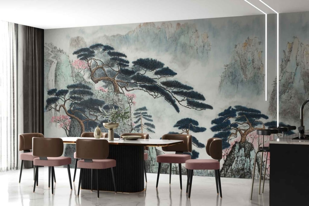 Nature-themed wall mural featuring stylized trees, mountainous landscapes, earthy greens, deep blues, soft grays.