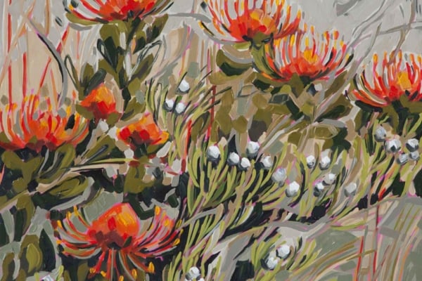 The wallpaper showcases abstract patterns in earthy tones with vibrant shades of orange, red, and green. It features small white buds amidst the green foliage, enhancing the lively and colorful design.