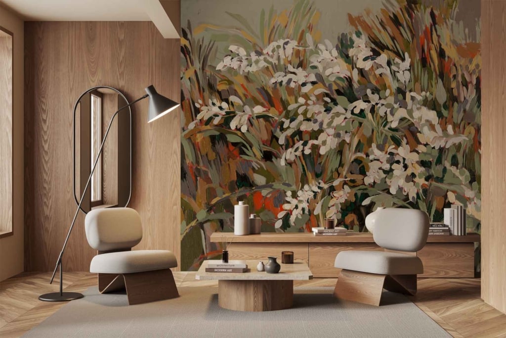 The wallpaper features a large, vibrant floral mural with earthy tones. Prominent elements include blossoms, leaves, and vines in shades of burnt orange, deep green, muted browns, and soft yellows. The design evokes an Everlastings Landscape with its naturalistic theme and rich color palette.
