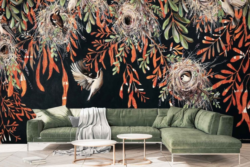 An artistic mural featuring messenger birds, bird nests, and foliage in vibrant green, orange, and earthy tones.