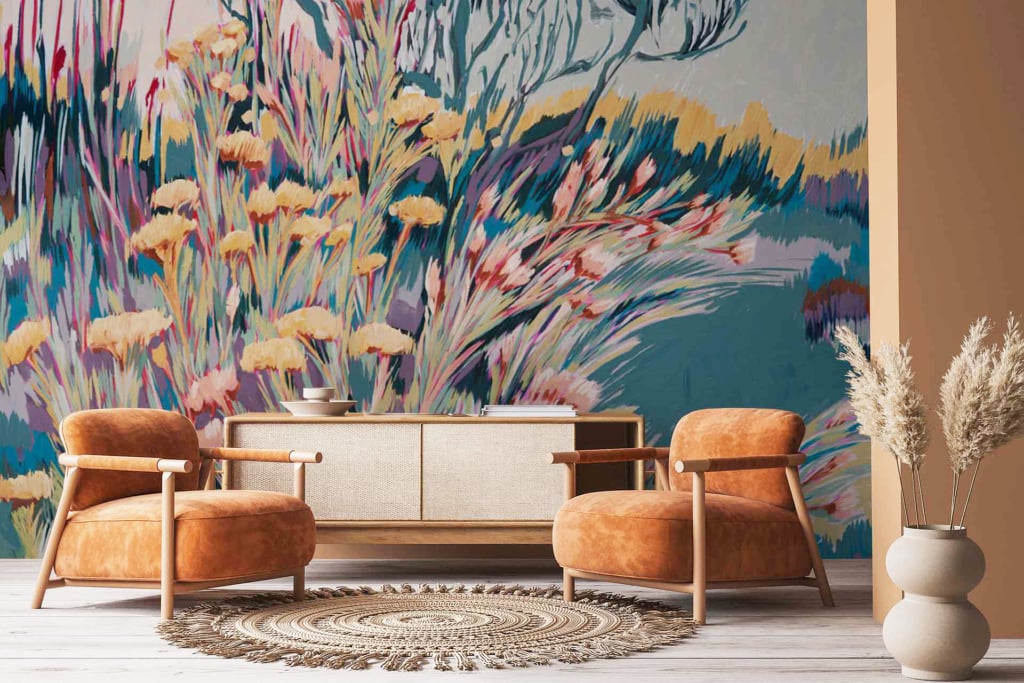 Wallpaper features:
- Vibrant, abstract mural
- Colorful flowers and plants
- Style reminiscent of Abstract Pincushion Proteas from the Response Series
- Elements: Flower petals, lush foliage, intricate patterns
- Colors: Bright reds, oranges, yellows, greens with hints of blue
