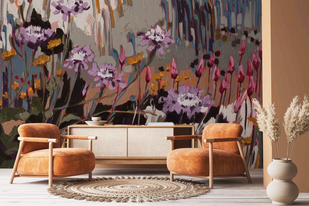 Vibrant abstract floral wallpaper with shades of purple, pink, yellow, and green.
