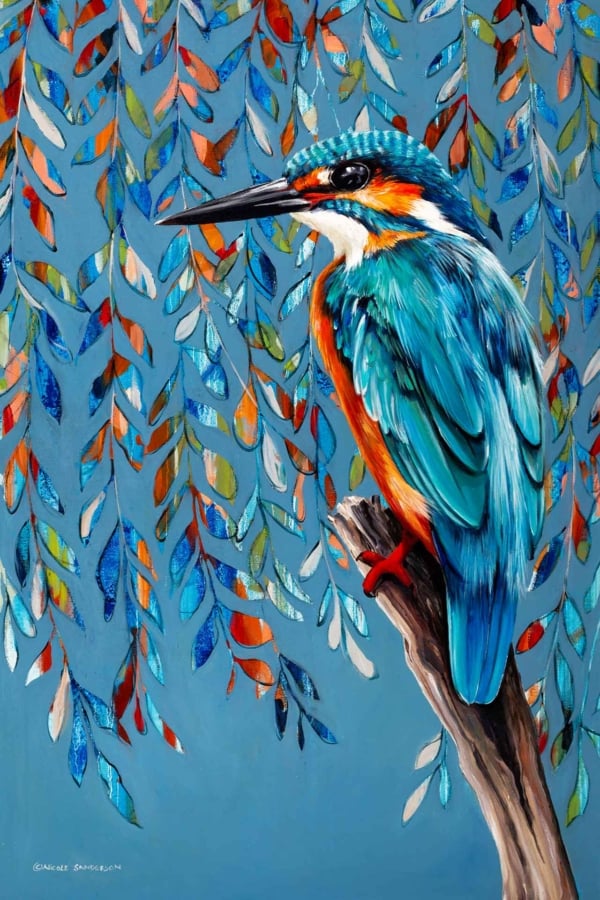 A wallpaper featuring a vibrantly colored kingfisher perched on a branch against a blue background. The design is adorned with multi-colored leaves in shades of blue, orange, and red. The bird's plumage showcases detailed shades of blue, orange, and white. The scene radiates an eternal sunshine that illuminates every element.