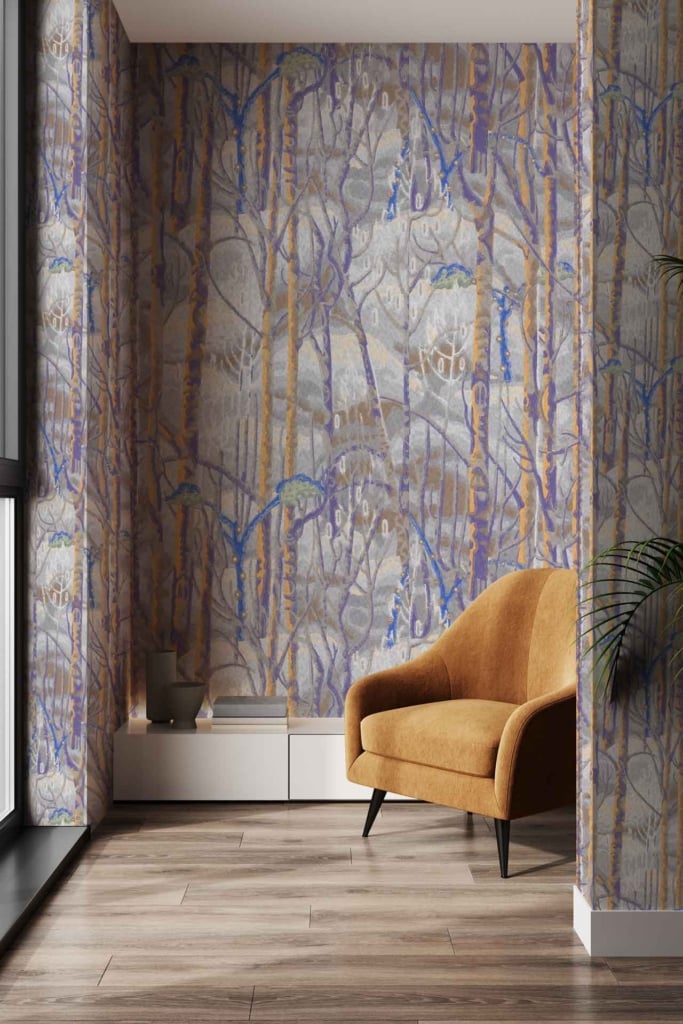 The wallpaper features an artistic pattern of birch trees. Key elements include vertical lines resembling birch trunks, intricate bark details, and muted earth tones such as soft whites, gentle grays, and subtle blacks. The naturalistic design mimics the texture and layering of real birch bark.