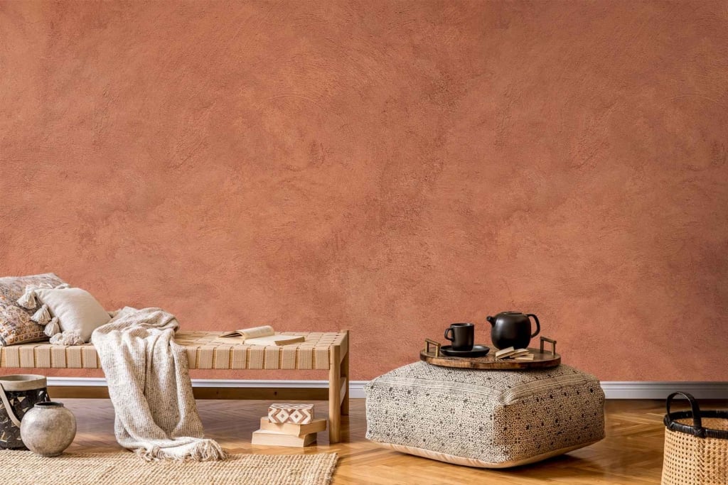 Textured clay terracotta wallpaper: earth-toned hues, rustic and warm appearance, subtle variations in tone, natural clay finish, handcrafted look. Earthy connection without overpowering the space.