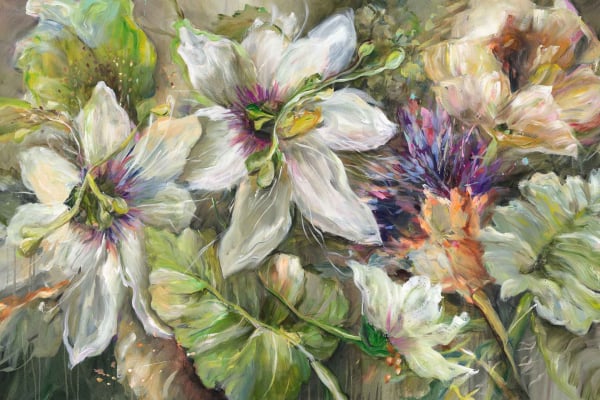 Vibrant wallpaper featuring blooming flowers in shades of white, purple, and orange with lush green leaves. Dynamic brushstrokes create movement and depth, evoking palpable plant-based wellness.