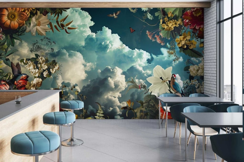 The wallpaper in this modern café interior features a colorful nature-themed mural. The design includes vivid clouds, vibrant flowers, a variety of birds, and fluttering butterflies. Shades of greenery intermingle with these elements, creating a lush backdrop. "The Voyage" theme is vividly captured through the artful decor in warm hues like teal, pinks, yellows, blues, and greens for an inviting atmosphere.