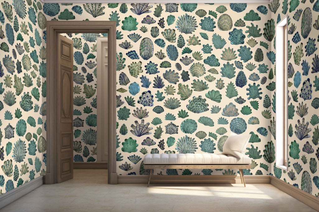 Colorful coral reef patterned wallpaper: vibrant corals in hues of pink, orange, and red; seaweed in shades of green and blue; various tropical fish with yellow, blue, and purple scales; turquoise water backdrop.
