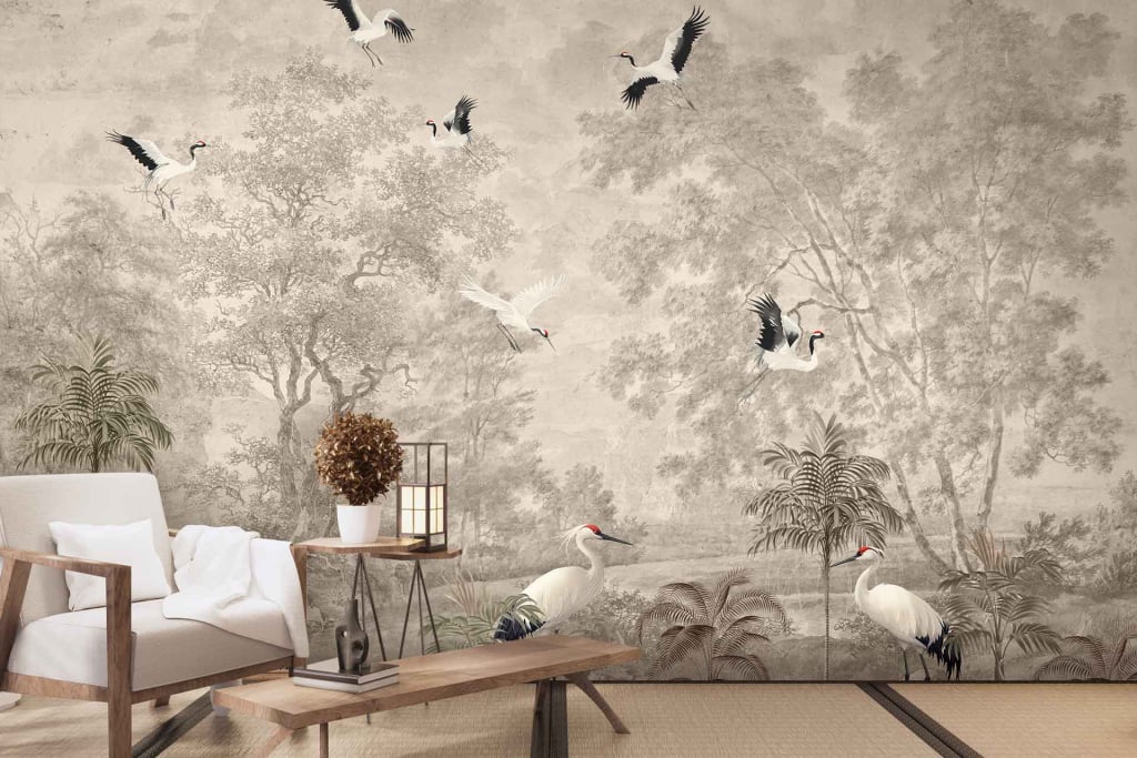 The wallpaper features a monochromatic landscape of trees and flying cranes, evoking tranquil forests. Colors include varying shades of white and gray, creating a serene and nature-inspired scene.