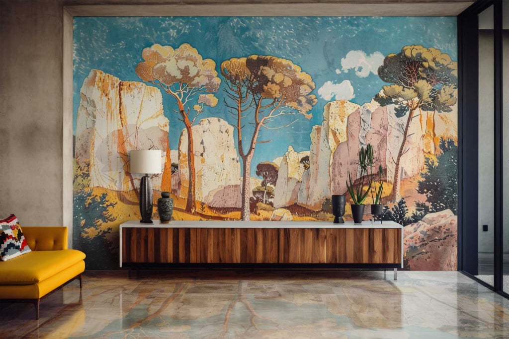 Wallpaper: "Take This Path" - vibrant mural depicting a scenic landscape with elements of trees and cliffs. The colors include rich greens, earthy browns, deep blues, and subtle highlights of sunlight in yellows and oranges.
