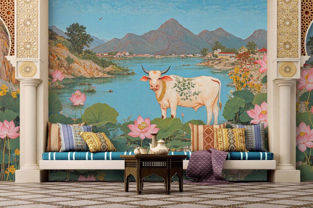 Wallpaper mural featuring a central white cow, a blue lake, distant mountains, and large pink lotus flowers.