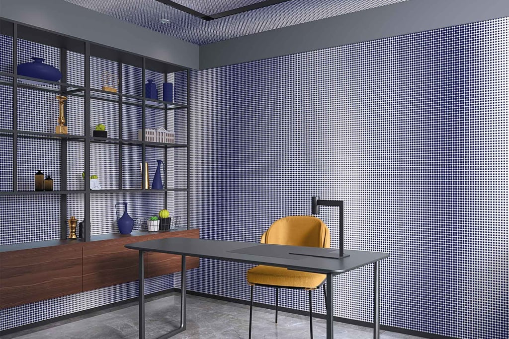 Pixelated blue and white checkered pattern.