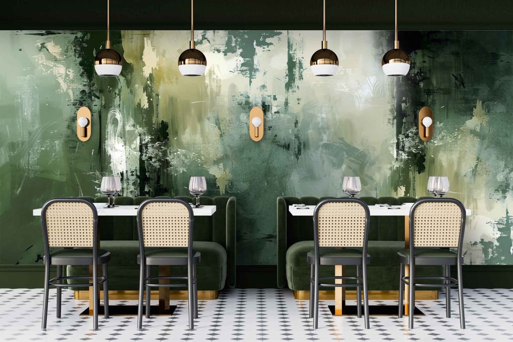 The wallpaper features an abstract design with various shades of green, from deep emerald to lighter hues, interspersed with subtle white and gold accents. The pattern includes organic shapes and flowing lines that create a sense of movement and depth. Ideal keywords: green abstract wall art, modern pattern, emerald highlights, flowing lines, white and gold accents.
