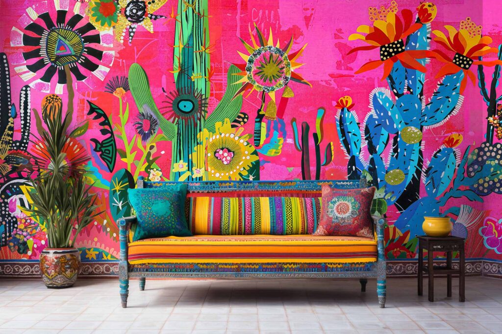 Wallpaper with a vibrant pink background featuring oversized, stylized cacti and colorful abstract flowers in yellow, blue, and green.
