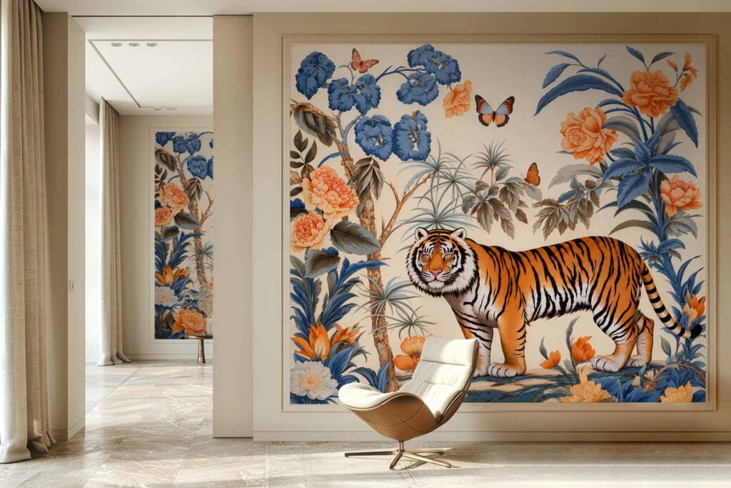 Wallpaper featuring a central tiger, large blue and orange peonies, green foliage, and butterflies on a light background.