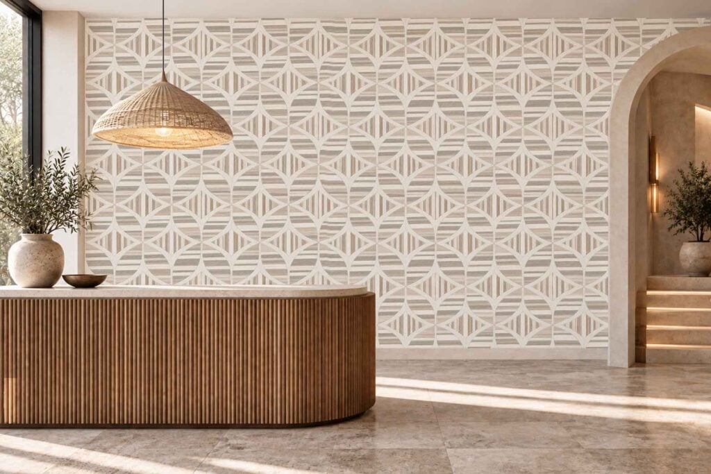 Wallpaper featuring a geometric pattern of overlapping cream and beige circles with vertical line segments.
