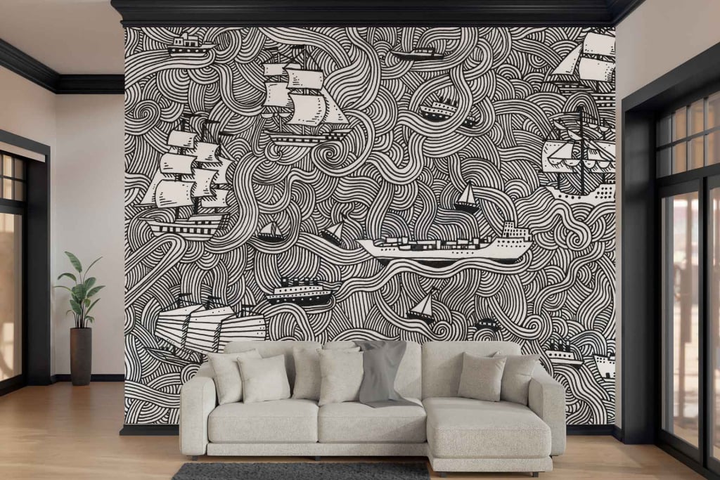 The wallpaper features intricately detailed black and white ships set in a swirling ocean pattern. The design includes dynamic waves, capturing a sense of motion and storytelling in monochrome tones.